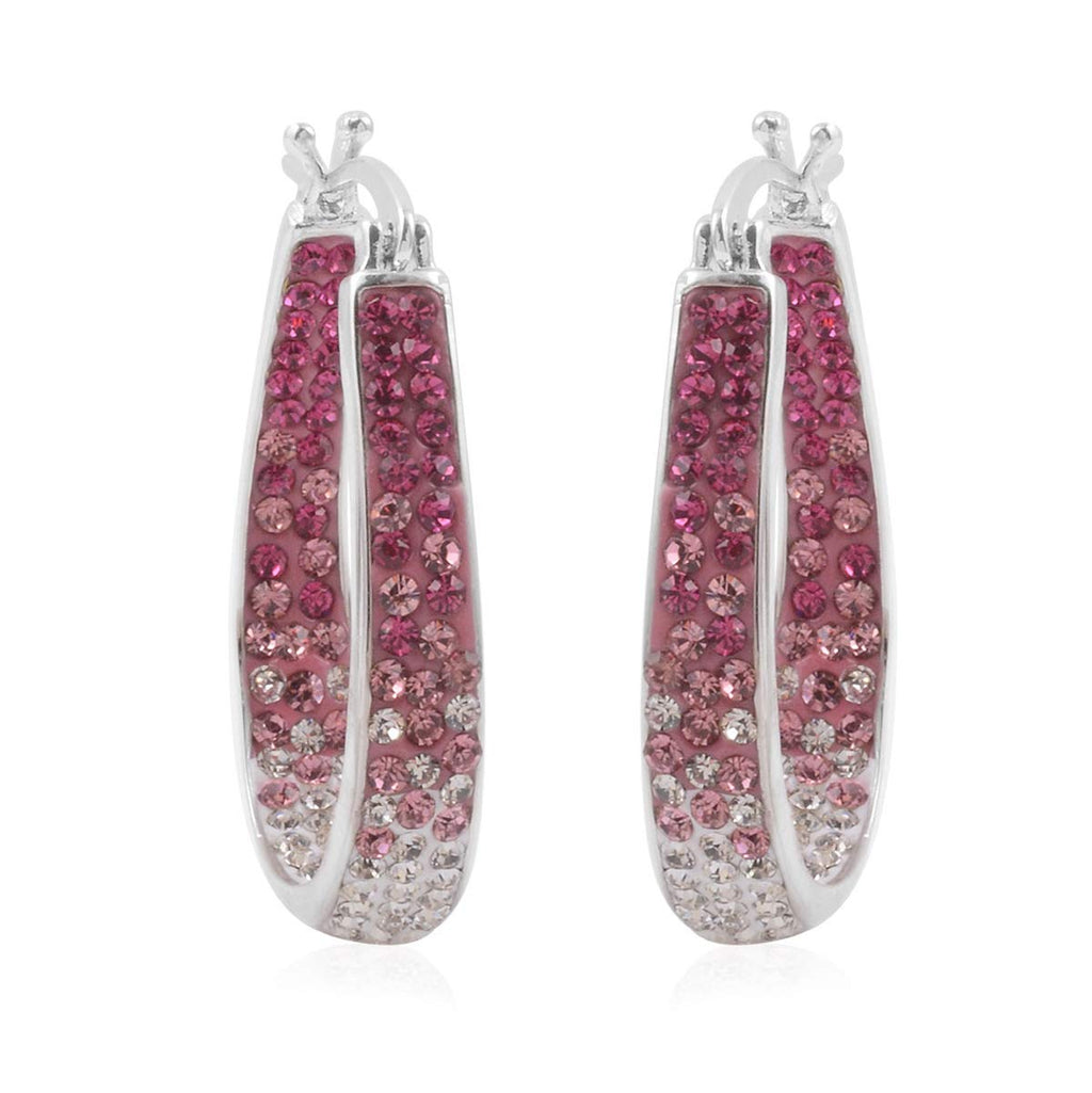 Savlano 14K White Gold Plated Inside Out Crystal Hoop Earrings For Women (Pink-White)