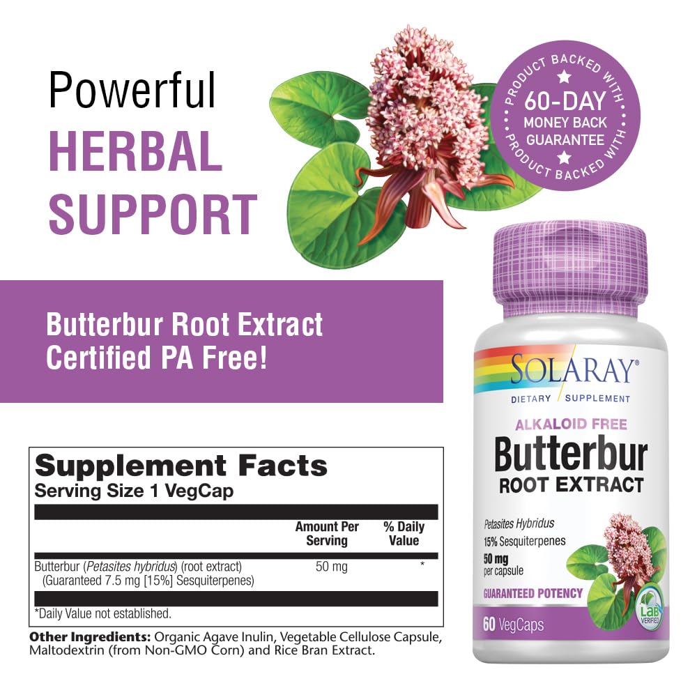 SOLARAY Butterbur Root Extract 50 mg Supplement for Men & Women - Powerful Herbal Support, Vegan Butterbur Capsules - 60 Veg Caps