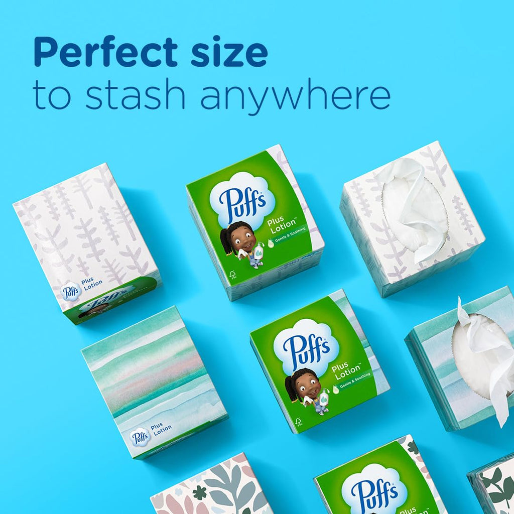 Puffs Plus Lotion Facial Tissue, 18 Cubes, 56 Tissues per Box, Allergies and Colds