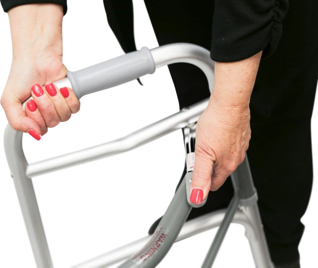 HEALTHLINE Adjustable Folding Walker with Wheels – Fits Petite Adults and Short Seniors, 5" Wheels, Includes 2 Pairs of Rear Glides – Aluminium Frame with Secure Hand Grips (250 lb Capacity)