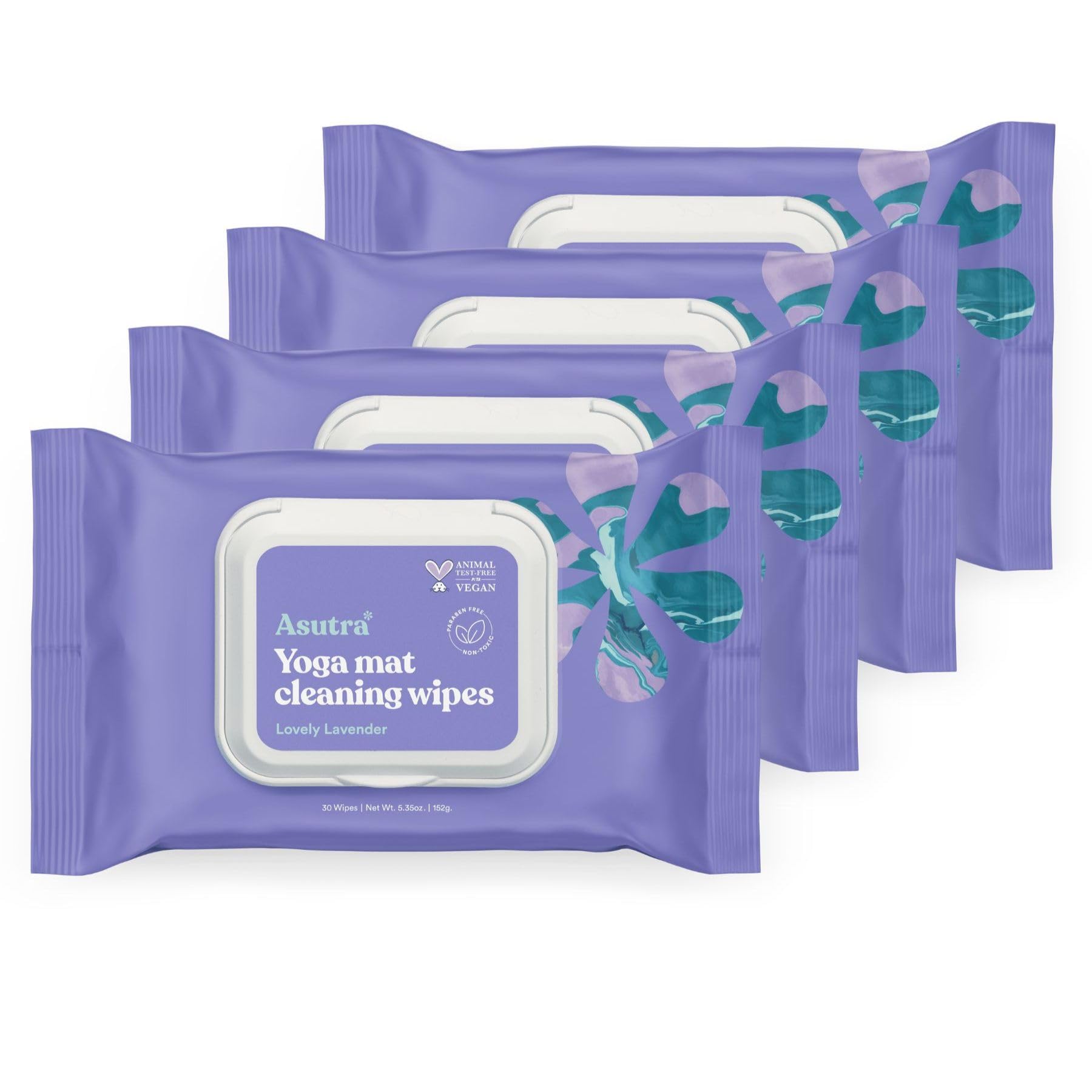 ASUTRA Yoga Mat Cleaning Wipes (Lovely Lavender), 4 Pouches (30 Wipes Each) - No Slippery Residue, Deep-Cleansing for Fitness Gear & Gym Equipment