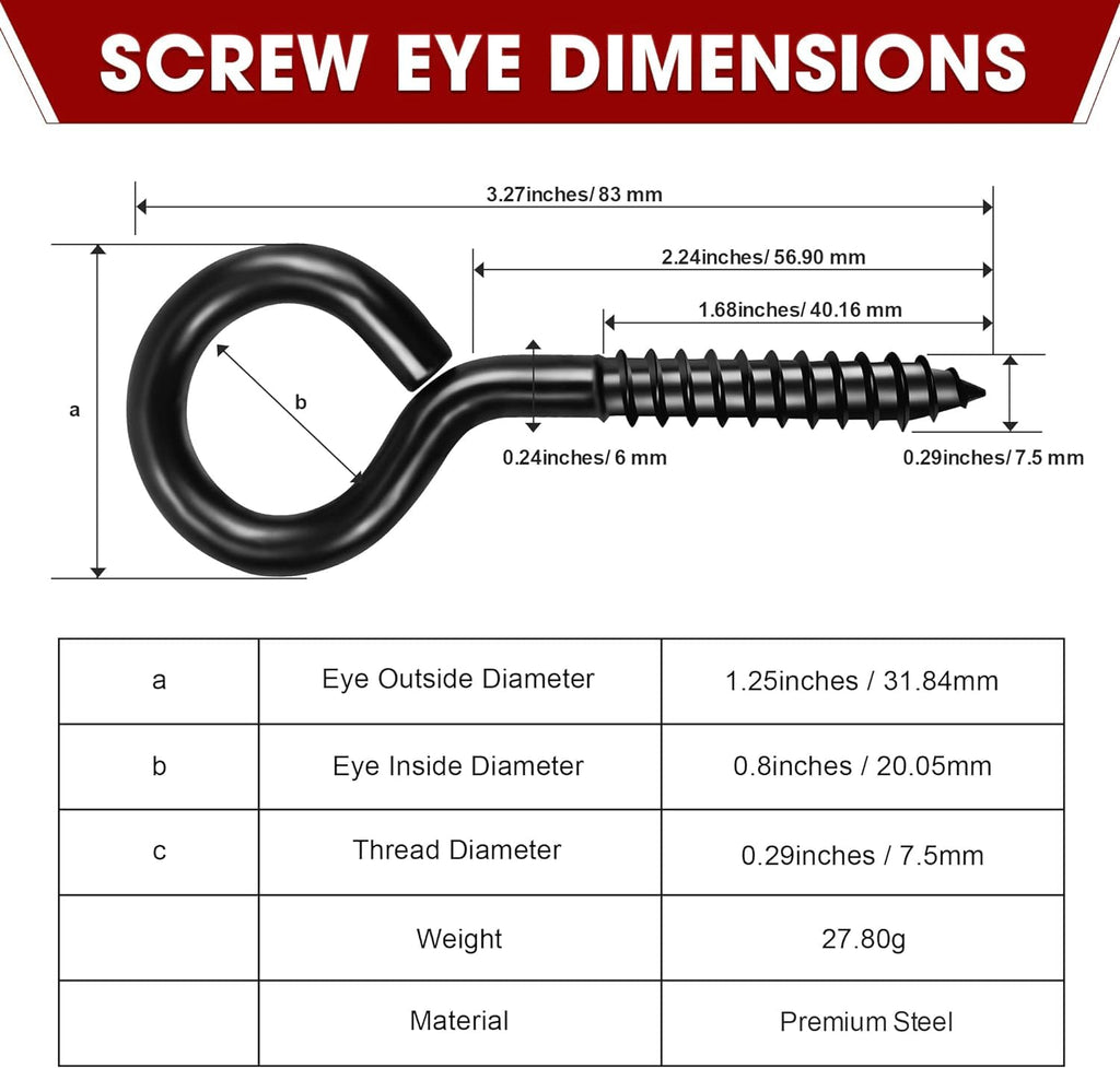 14PCS Black Screw Eyes - 3.2 Inch Heavy Duty Eye Bolts, Cable & Wire Securer - Hammock Stand, Indoor & Outdoor Use
