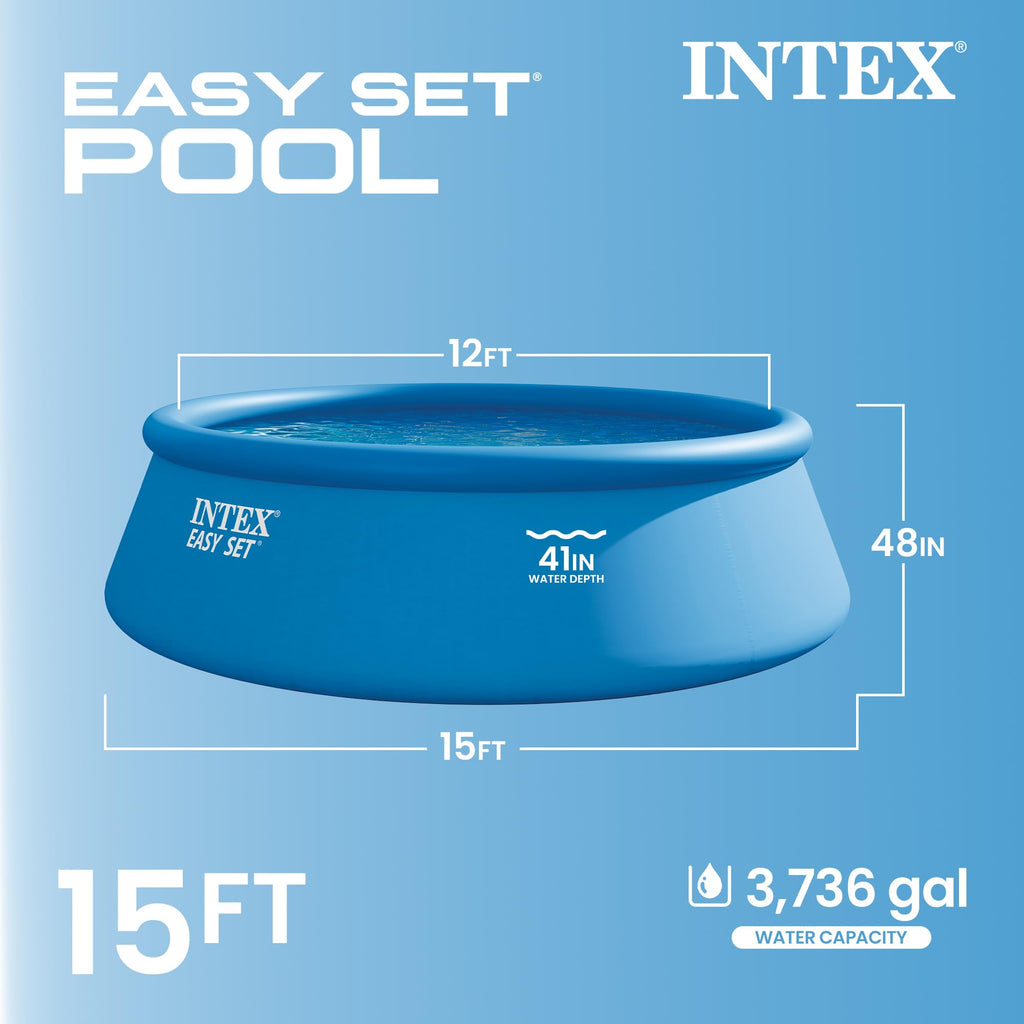 Intex Easy Set 15 ft x 48in Above Ground Pool Set, Round Inflatable Swimming Pool with 1000 GPH Cartridge Filter Pump, Ladder, Cover, & Ground Cloth
