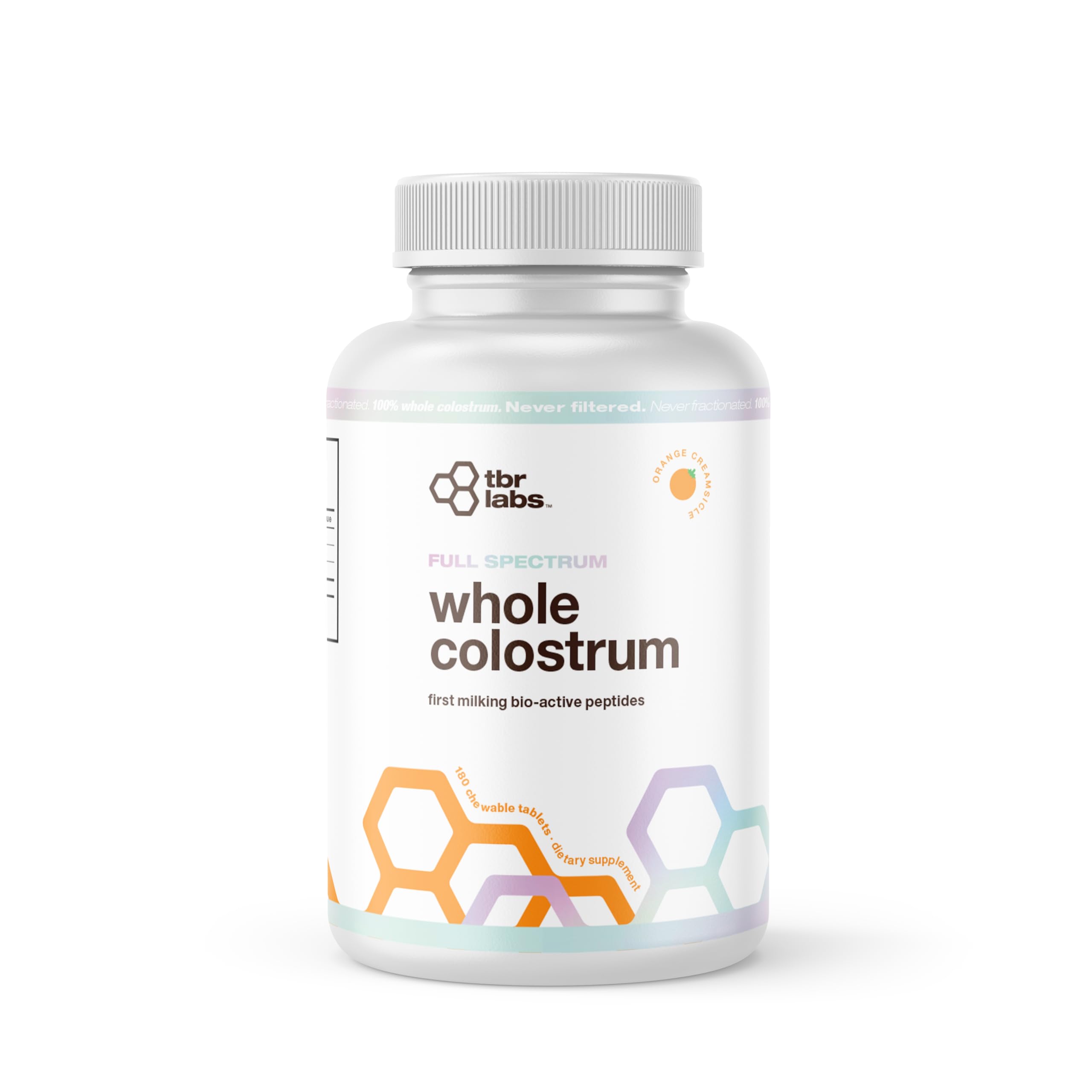 TBR Labs Bovine Colostrum Powder, Grass Fed, Gut Health, Bloating, Immunity, Skin & Hair, 400+ Bioactive Nutrients, Potent Bioavailable - 180 Tablets (90 Servings) (Orange Creamsicle)