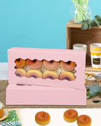 qiqee 50 Packs Pink Cookie Box with Window 12x5.5x2.5 Inch Two Uses Pastry Biscuit Bakery Box For Packaging