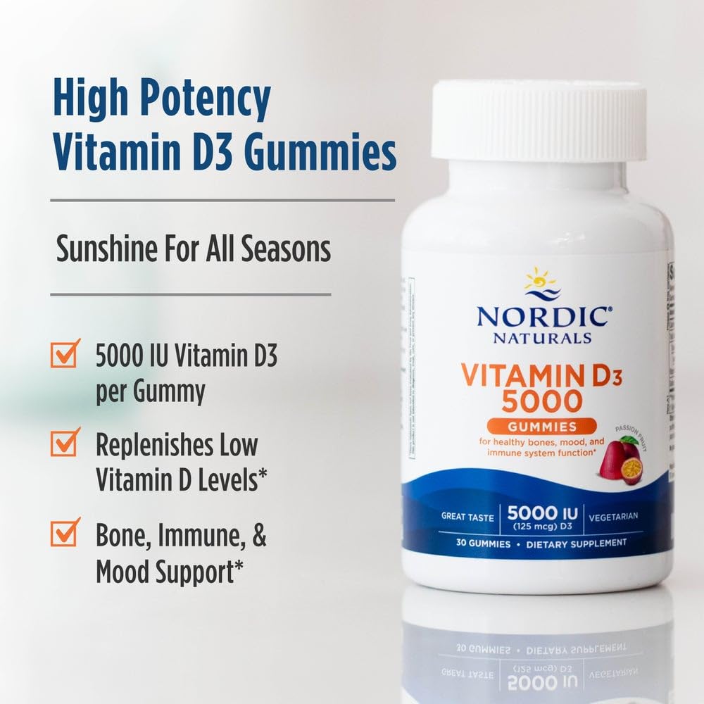 Nordic Naturals Vitamin D3 5000 Gummies, Passion Fruit - 30 Gummies - Support for Healthy Bones, Mood, & Immune System - Vegetarian - Non-GMO - 30 Servings (Pack of 2)