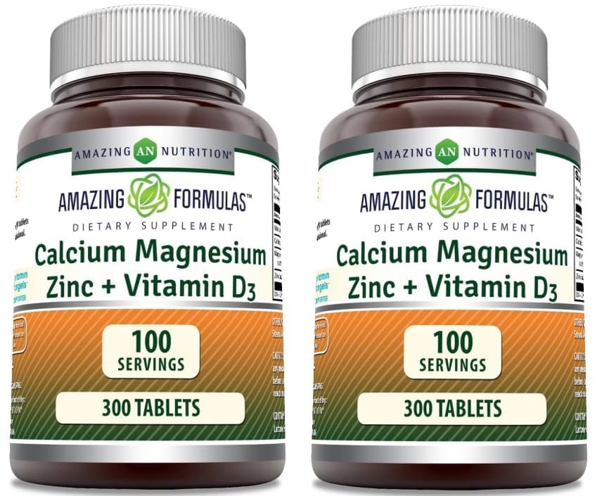 Amazing Formulas Calcium Magnesium Zinc with Vitamin D3 Supplement | Non-GMO | Gluten Free | Made in USA (2 Pack)