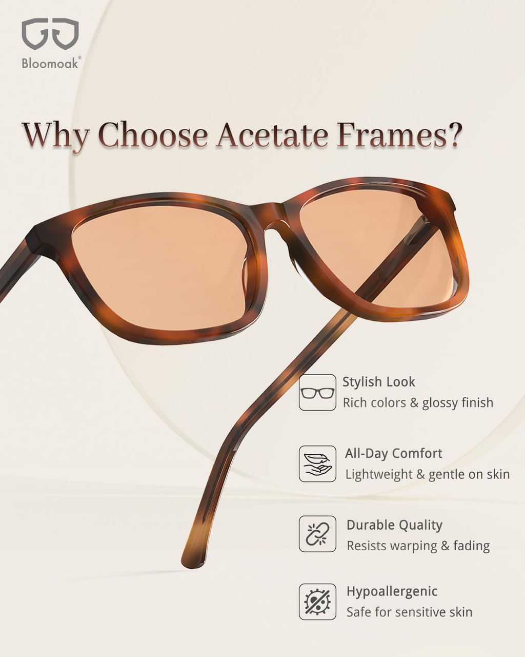 Bloomoak Rose Migraine Glasses, FL-Flex Light Sensitivity Relief Glasses for Fluorescent LED Glare, Photophobia, Eye Strain (Migraine glasses, Cinnamon Rose - 70% - Light Havana Tortoise(for Outdoor))