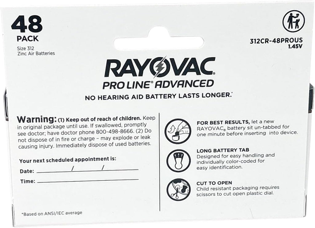 Rayovac Proline Advanced Hearing Aid Batteries | Size 312 | World's Longest Lasting Battery | Child-Resistant Packaging (48)
