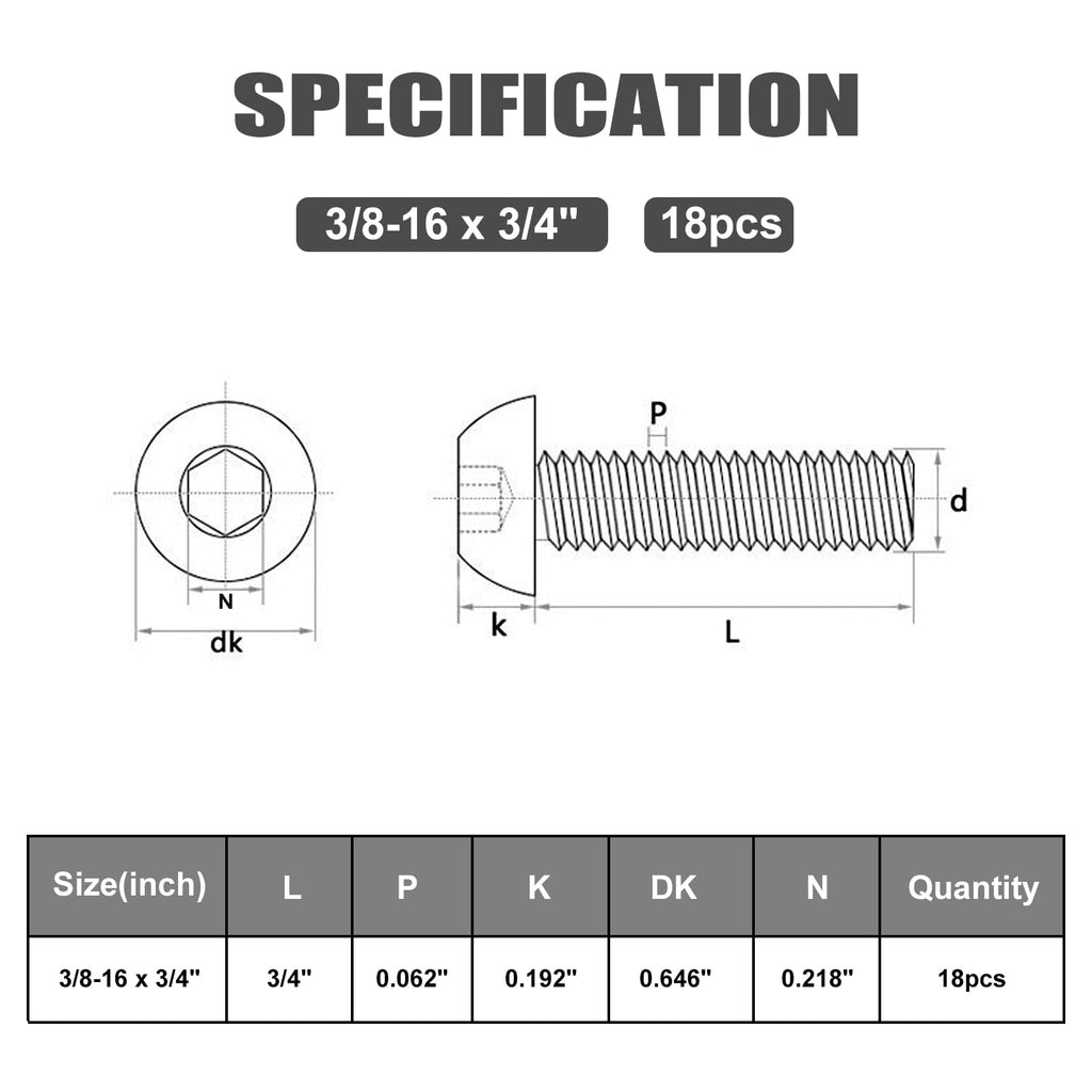 VGBUY 18Pcs 3/8-16 x 3/4" Button Head Socket Cap Bolts Screws, 304 Stainless Steel 18-8, Black Zinc Plated, Fully Threaded, with Spanner Allen Hex Drive