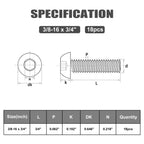 VGBUY 18Pcs 3/8-16 x 3/4" Button Head Socket Cap Bolts Screws, 304 Stainless Steel 18-8, Black Zinc Plated, Fully Threaded, with Spanner Allen Hex Drive