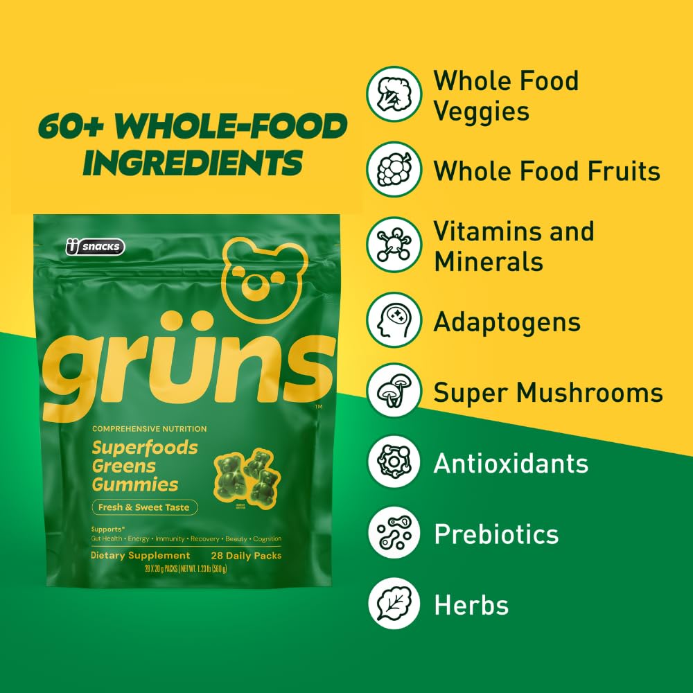 Gruns Adult Super Greens Gummies, 10 Pack, Superfood Gummy Bears with Spirulina, Chlorella & Prebiotics for Digestive Health, Adaptogens Supplement with 20 Vitamins & Minerals, Low Sugar