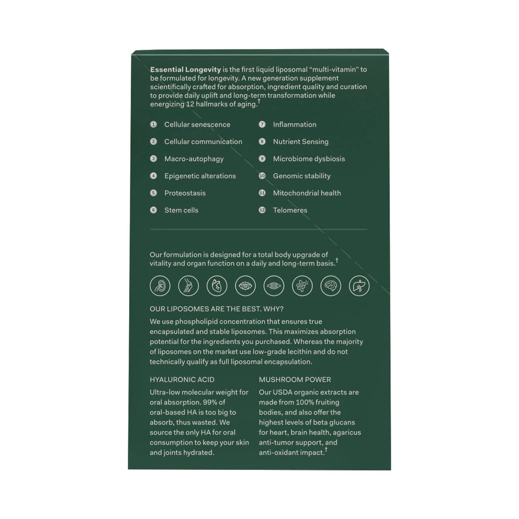 Essential Longevity® — 100% Liposomal 15-in-One Stack. NAD+ Precursor Nicotinamide, Quercetin, C, D3, B12, Magnesium Glycinate, Lions Mane, Chaga, Agaricus, Taurine, Sodium Hyaluronate. — 30 Sachets.