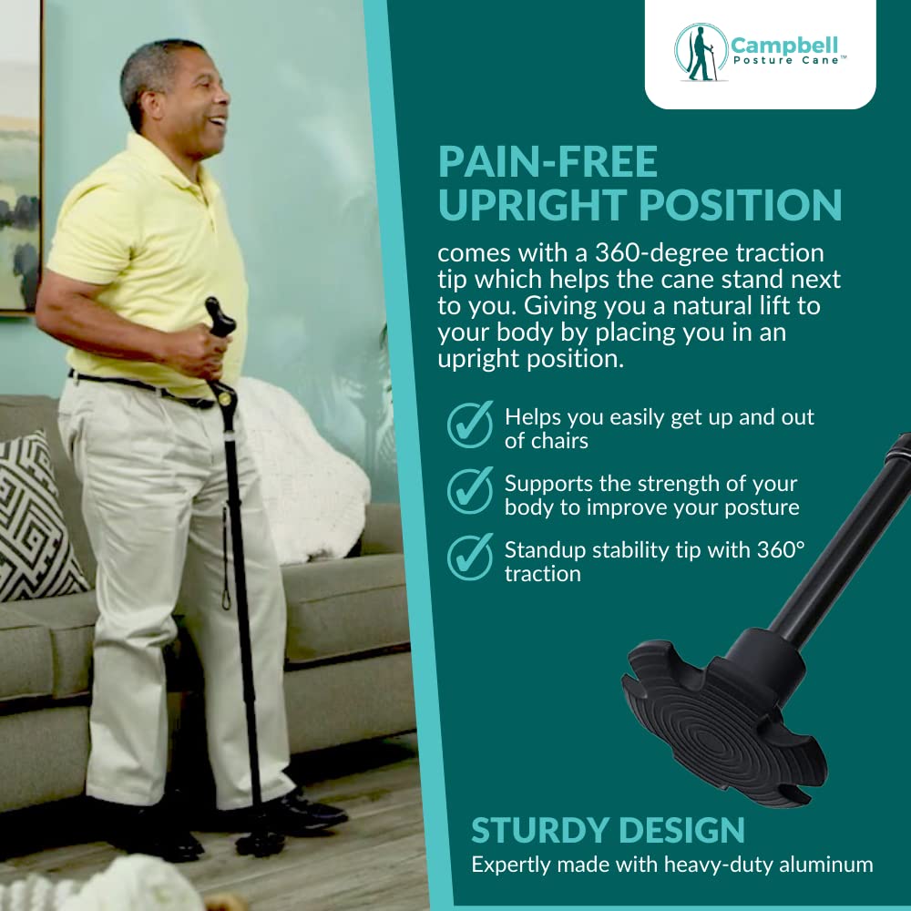 Campbell Posture Cane | Walking Cane for Men, Women | Mobility Device, Portable, Lightweight, Adjustable, Self-Standing, Folding, Collapsible Hand Walking Stick, 10 Height Adjustment, 360 Traction Tip