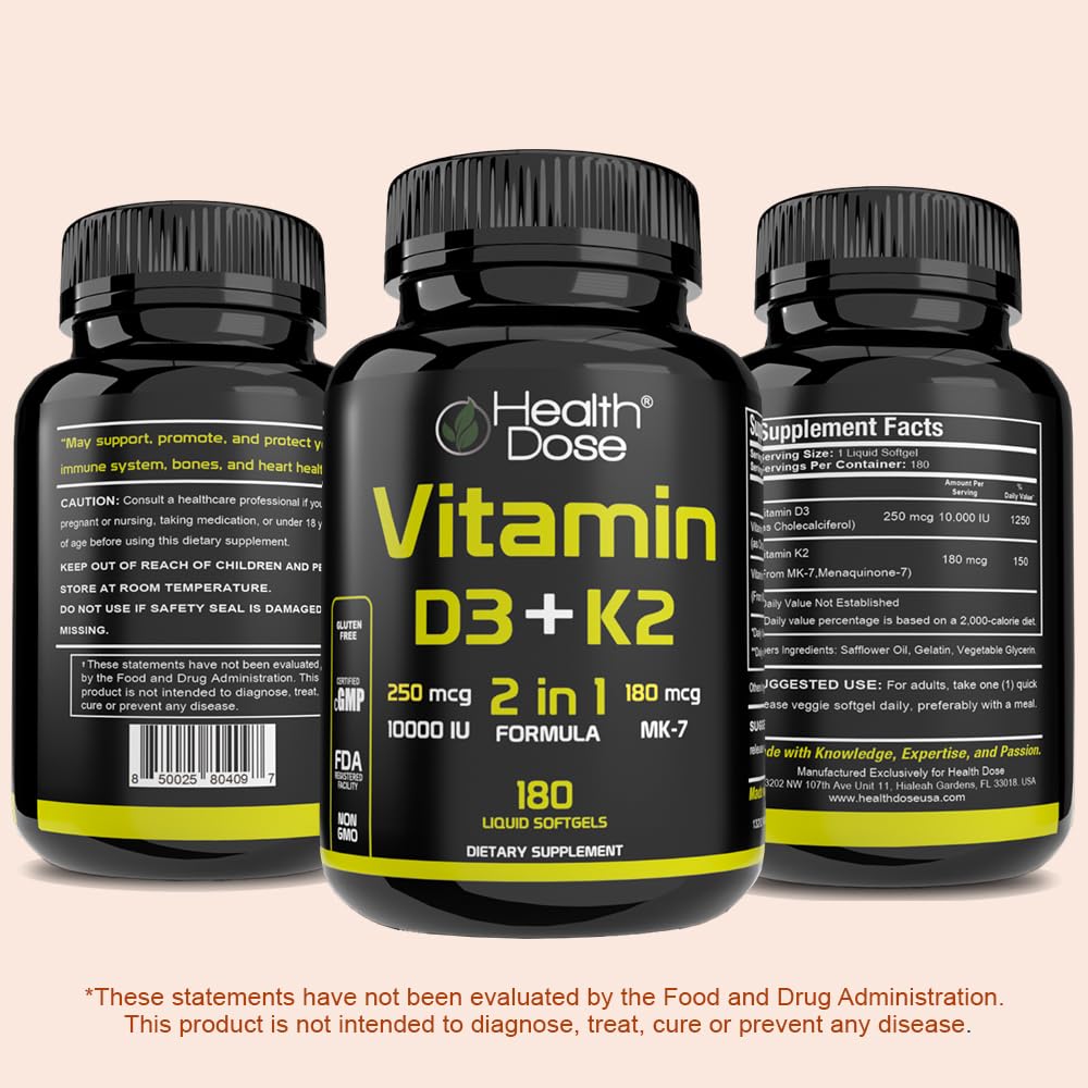 Health Dose Vitamin D3 10,000 IU + K2 (MK7) Supplement, 2-in-1 Formula, Immune Support, a Healthy Mood, Heart, Joint, Teeth, Bone Health, Calcium Absorption, 180 softgels. (3)