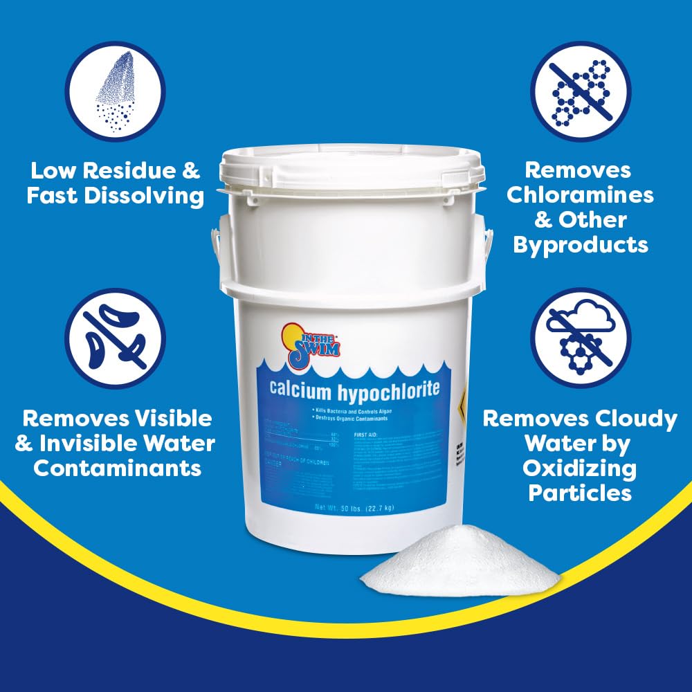 In The Swim Shock and Chlorine Bundle for Sanitizing Swimming Pools – Includes 50 Pound Bucket of 68% Cal-Hypo Pool Shock and 50 Pound Bucket of 3 Inch Stabilized Chlorine Tablets