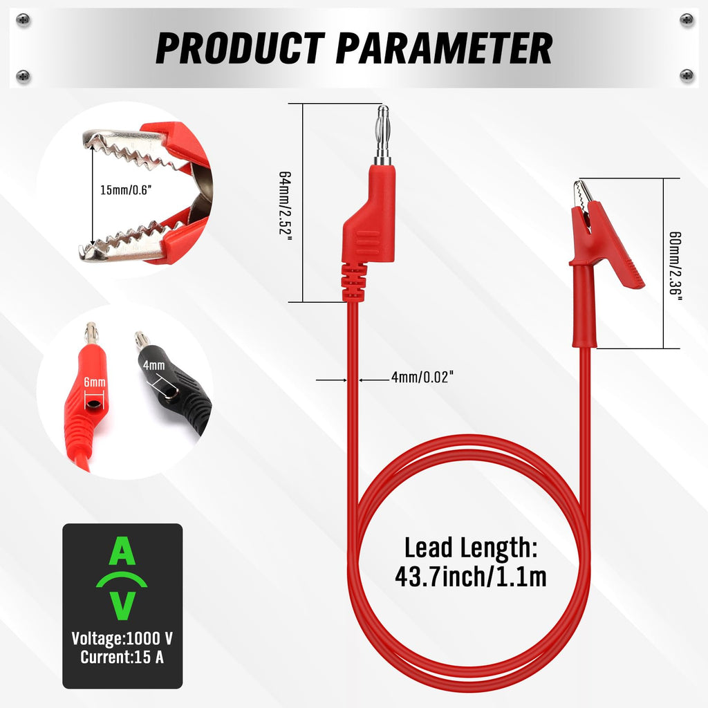 SWANLAKE 2-Piece Banana Plug to Alligator Clip Test Leads, 1000V 15A 3.5ft/1M Multimeter Electrical Alligator Clips, Flexible Copper Cable Banana Plug, Electrical Wires with Gator Clips