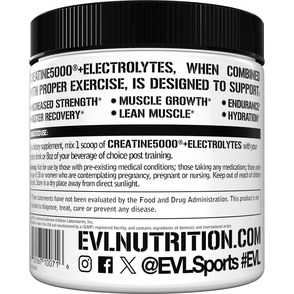 Evlution Nutrition Creatine 5000 + Electrolytes - Supports Faster Recovery, Lean Muscle Growth & Hydration - 5g Creatine Monohydrate & 6 Key Electrolytes Per Serving - 40 Servings - Unflavored Powder