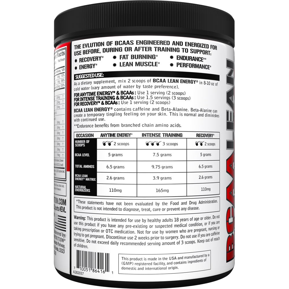 EVL BCAA Lean Energy Powder - Pre Workout Green Tea Fat Burner Support with BCAAs Amino Acids and Clean Energizers - BCAA Powder Post Workout Recovery Drink for Lean Muscle Recovery - Fruit Punch