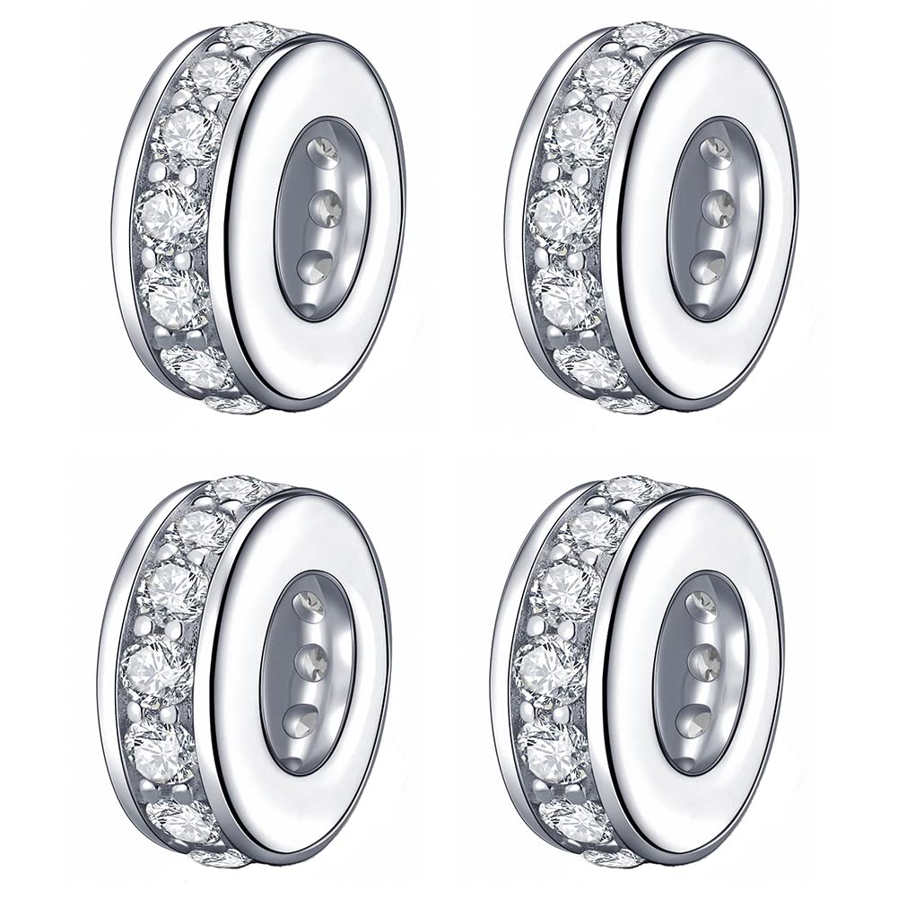 925 Sterling Silver Spacer Charm Bead for Pandora Charms Bracelets (4pcs Clear CZ Stoppers)