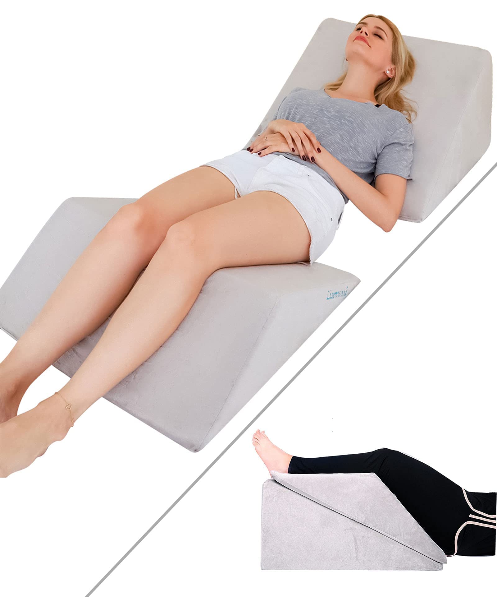 Lisenwood Foam Bed Wedge Pillow Set - Reading Pillow & Back Support Wedge Pillow for Sleeping - 2 Separated Sit Up Pillows for Bed - Angled Bed Pillow, Triangle Pillow for Back and Legs Support Gray