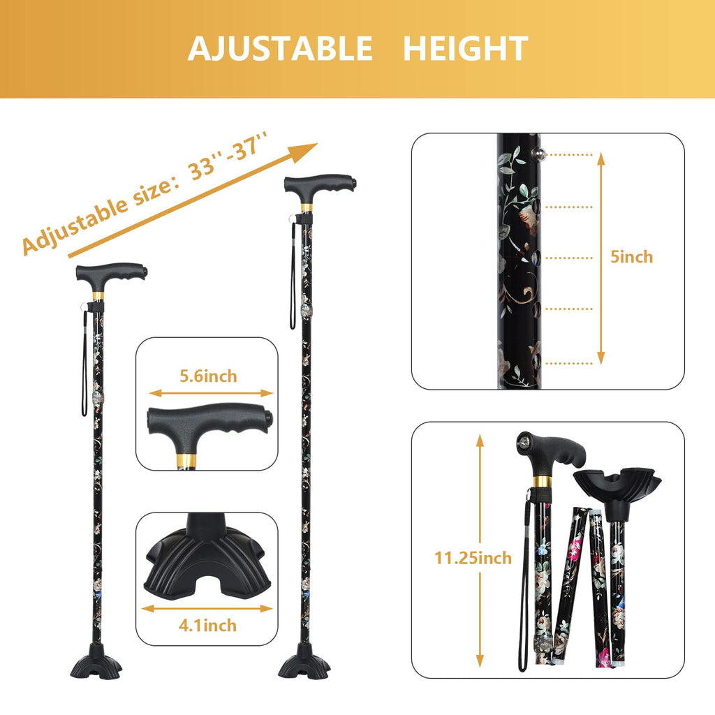 Hedkin Walking Cane with LED Light, Foldable,Adjustable, Self Standing Walking Canes for Men & Women,Walking Sticks with Quad Base for Seniors & Adults