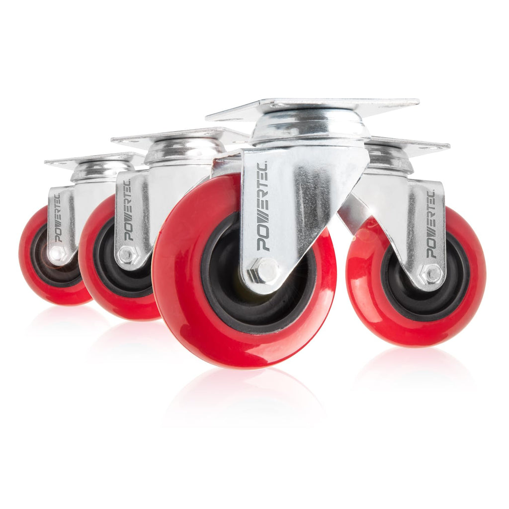 POWERTEC 3 Inch Swivel Caster Wheels Set of 4 with 640 lbs Loads, Heavy Duty Plate Casters, PU Castor Wheels for Furniture, Cart, Dolly and Workbenches (17206)