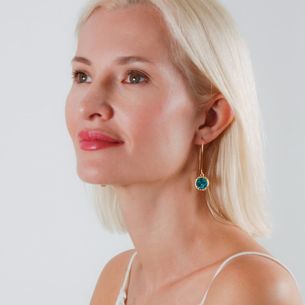 Teal Earrings for Women - Gold Tone Faux Druzy Boho Dangle Drop