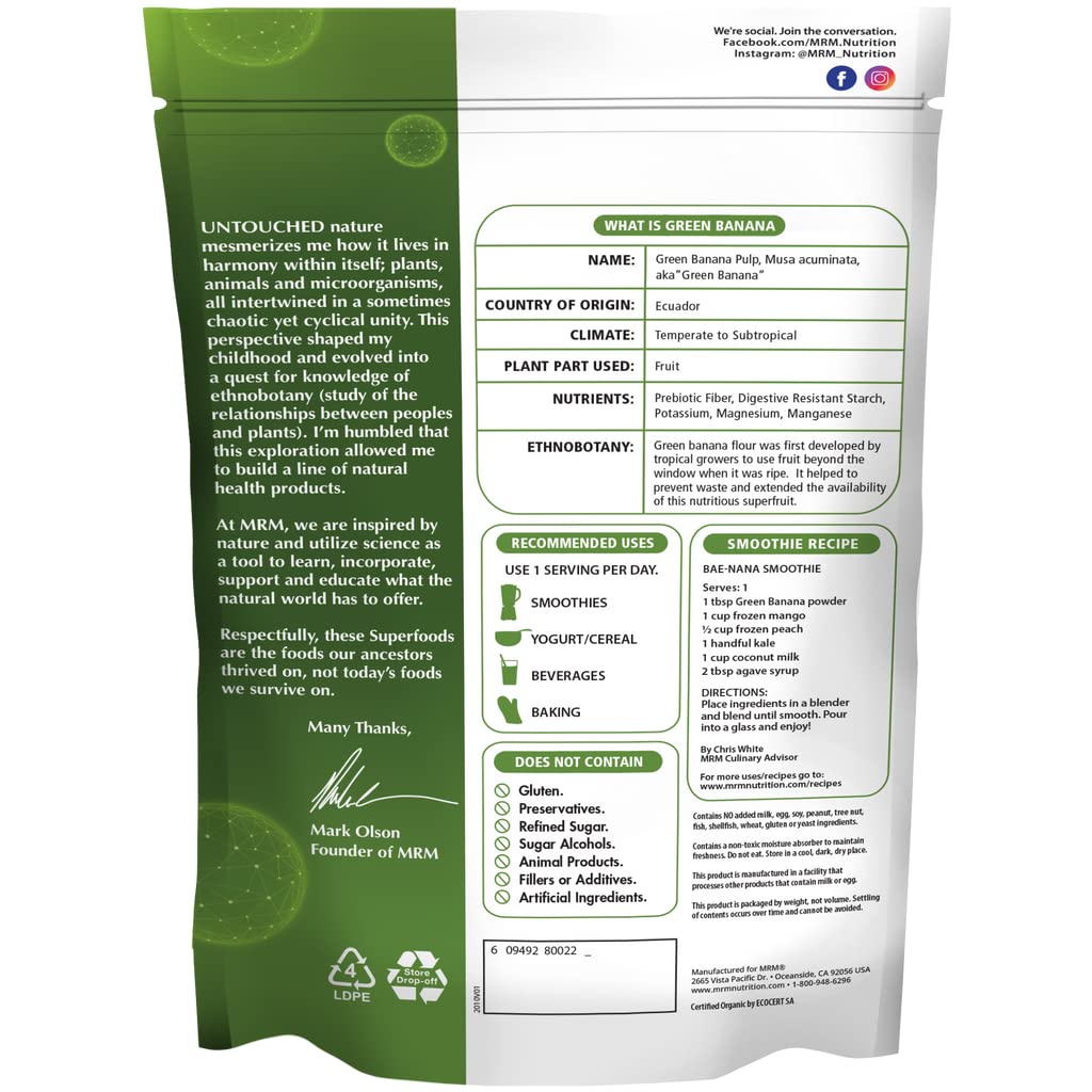MRM Nutrition Organic Green Banana Powder | Superfoods | High-Fiber | Flour Alternative | Prebiotic Fiber | 40 Servings