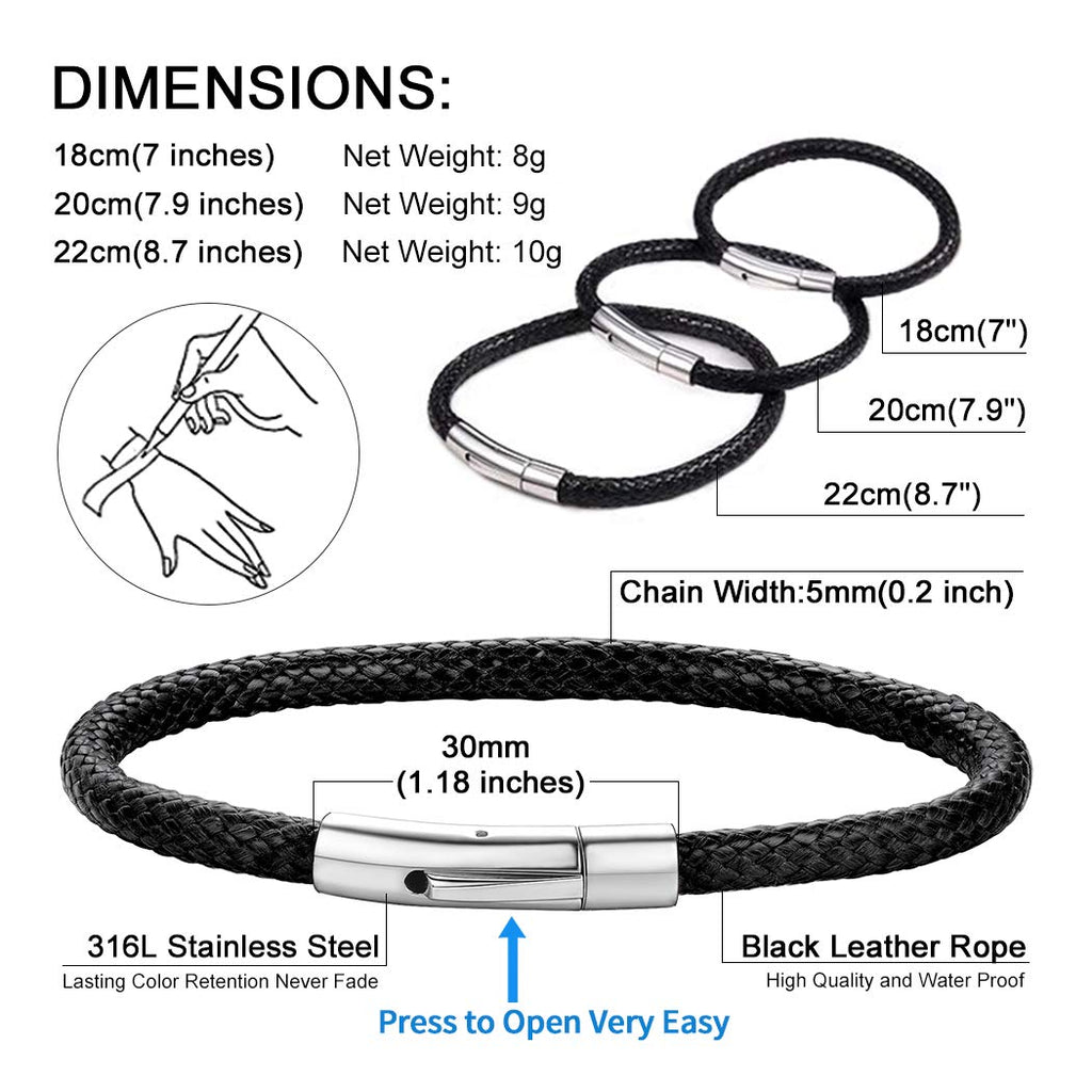 ChainsHouse Mens Black Leather Bracelet Cord 5mm 7.9 inch Black Stainless Steel Clasp Leather Bracelets Waterproof Cuff Bracelet
