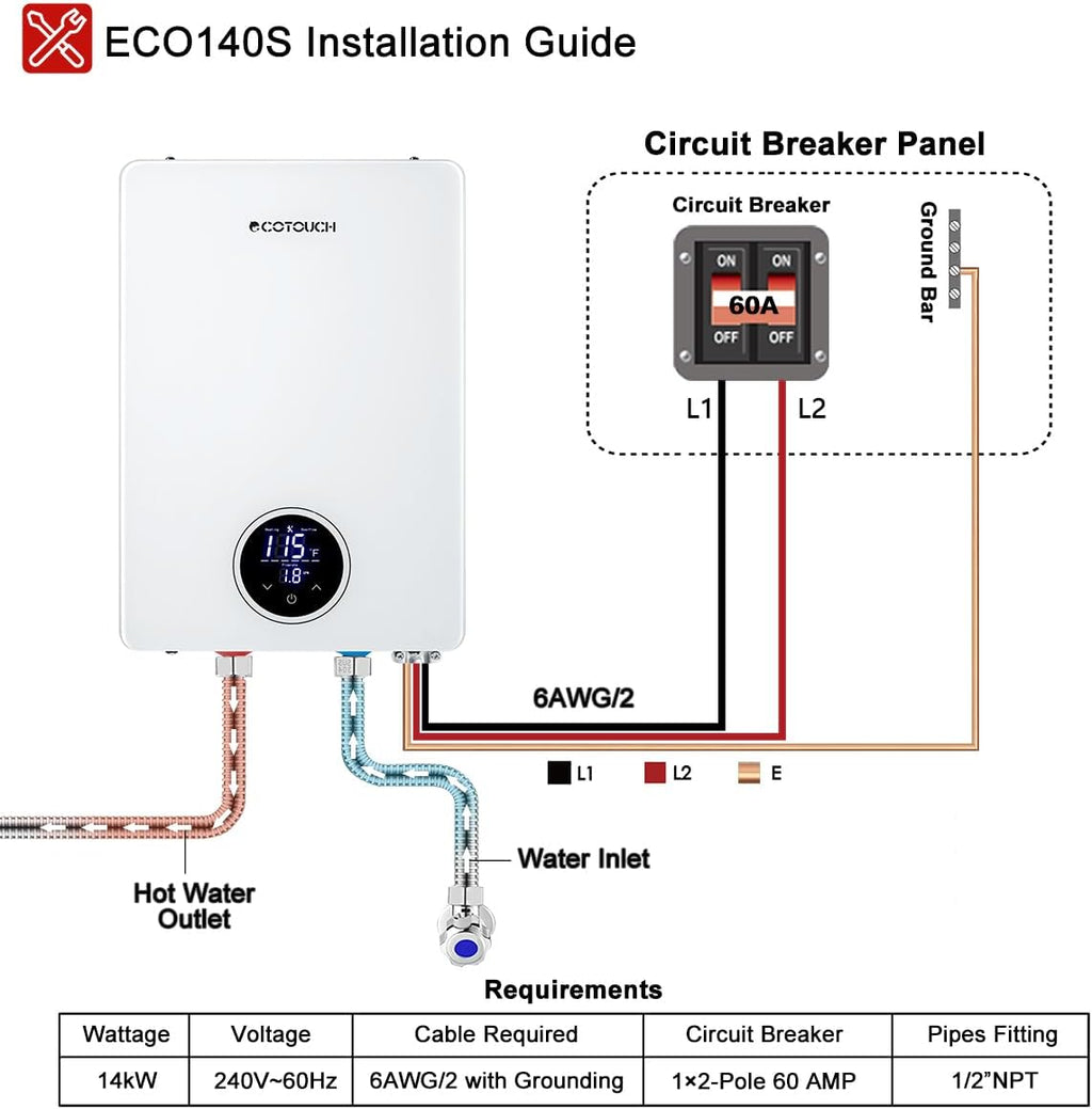 Tankless Water Heater Electric, ECOTOUCH 14kW 240V Instant Water Heater On Demand Hot Water Heaters Electric, Up to 3.38 GPM for 2-3 Point of Use, ETL Certificated, Self-Modulating, ECO140S White