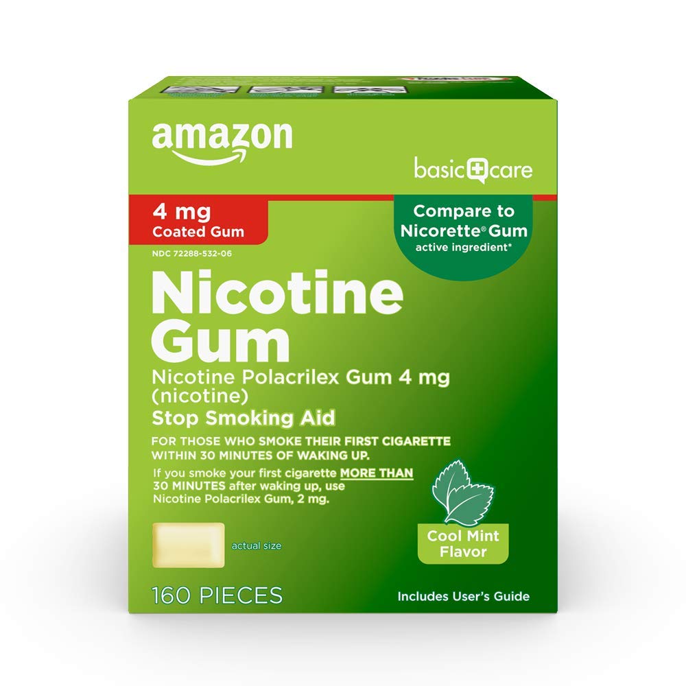 Amazon Basic Care Nicotine Polacrilex Coated Gum 4 mg, Cool Mint Flavor, Stop Smoking Aid, Quit Smoking, Reduce Cravings, 160 Count