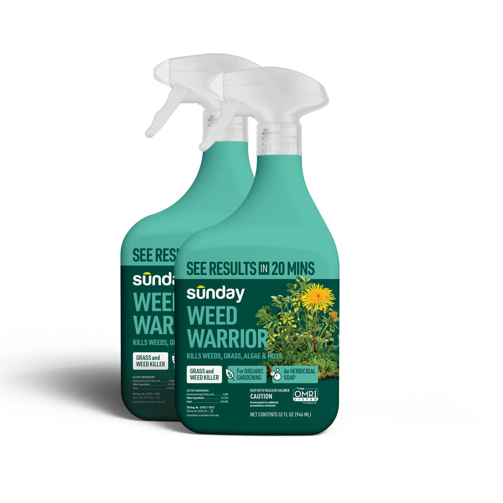 Sunday Weed Warrior, 32oz, 2 Pack - Grass & Weed Killer - Organic, Ready-to-Use Weed Killer Spray - Herbicide Spot Treatment - Kills Weeds, Grass, Algae and Moss