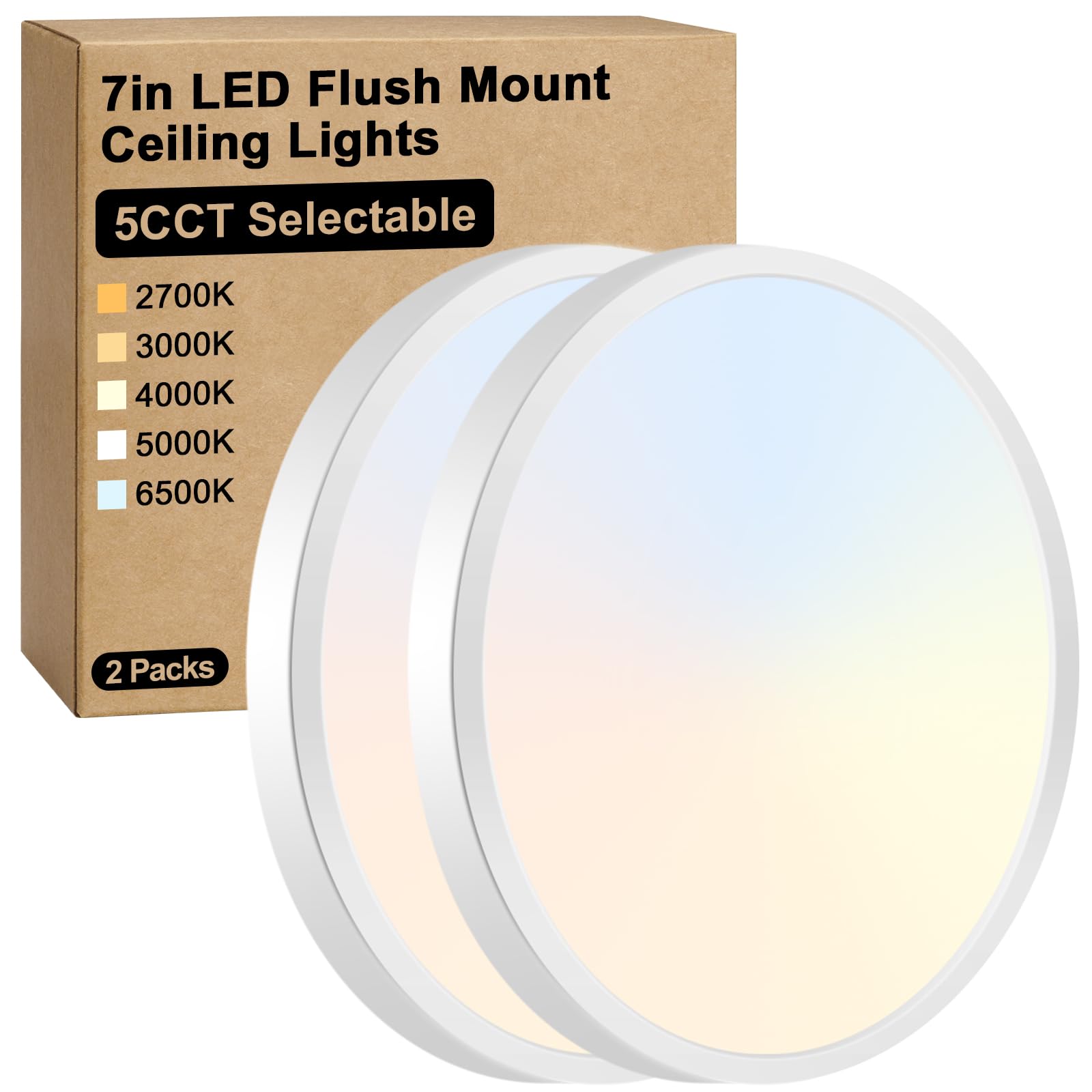 Brightever 7 Inch Flush Mount Ceiling Light, 12W 1200LM LED Ceiling Light Fixtures, 2700K/3000K/4000K/5000K/6500K Selectable, 0.67 Inch Ultra Thin Flat Ceiling Lights for Bedroom Closet, 2 Packs