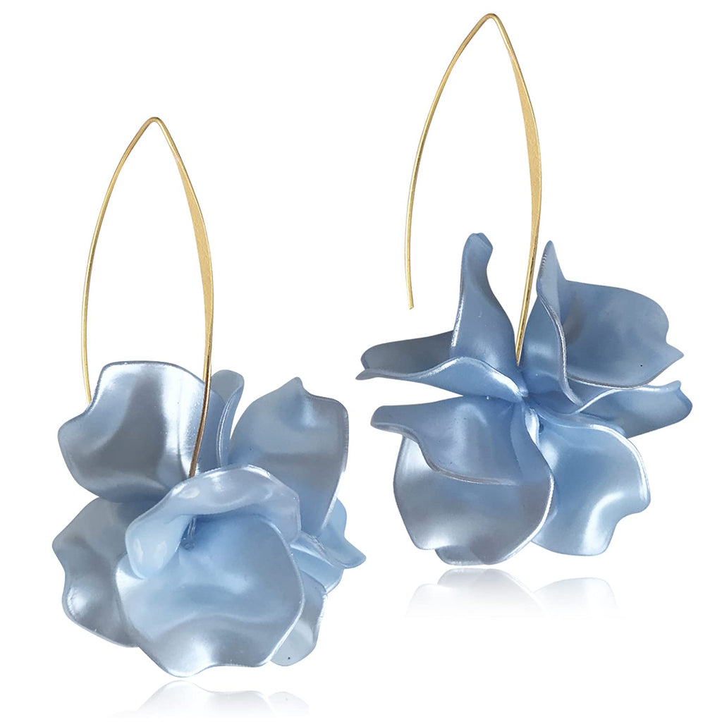 Boho Rose Petal Dangle Resin Earrings - Long Drop Acrylic Tiered Flower Earrings - Statement Exaggerated Floral Tassel Earrings for Women (Pearl Blue)