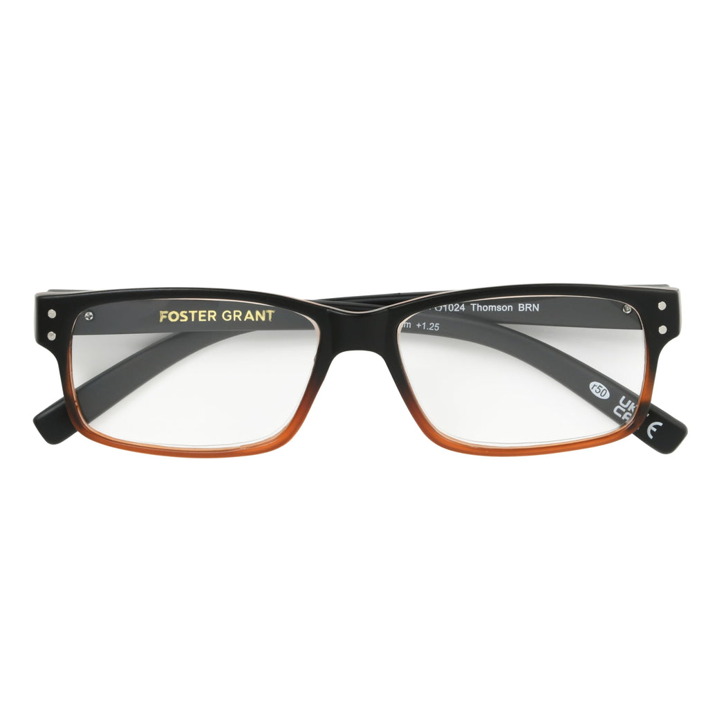 Foster Grant Men's Thomson Rectangular Reading Glasses, Brown/Transparent, 59 mm