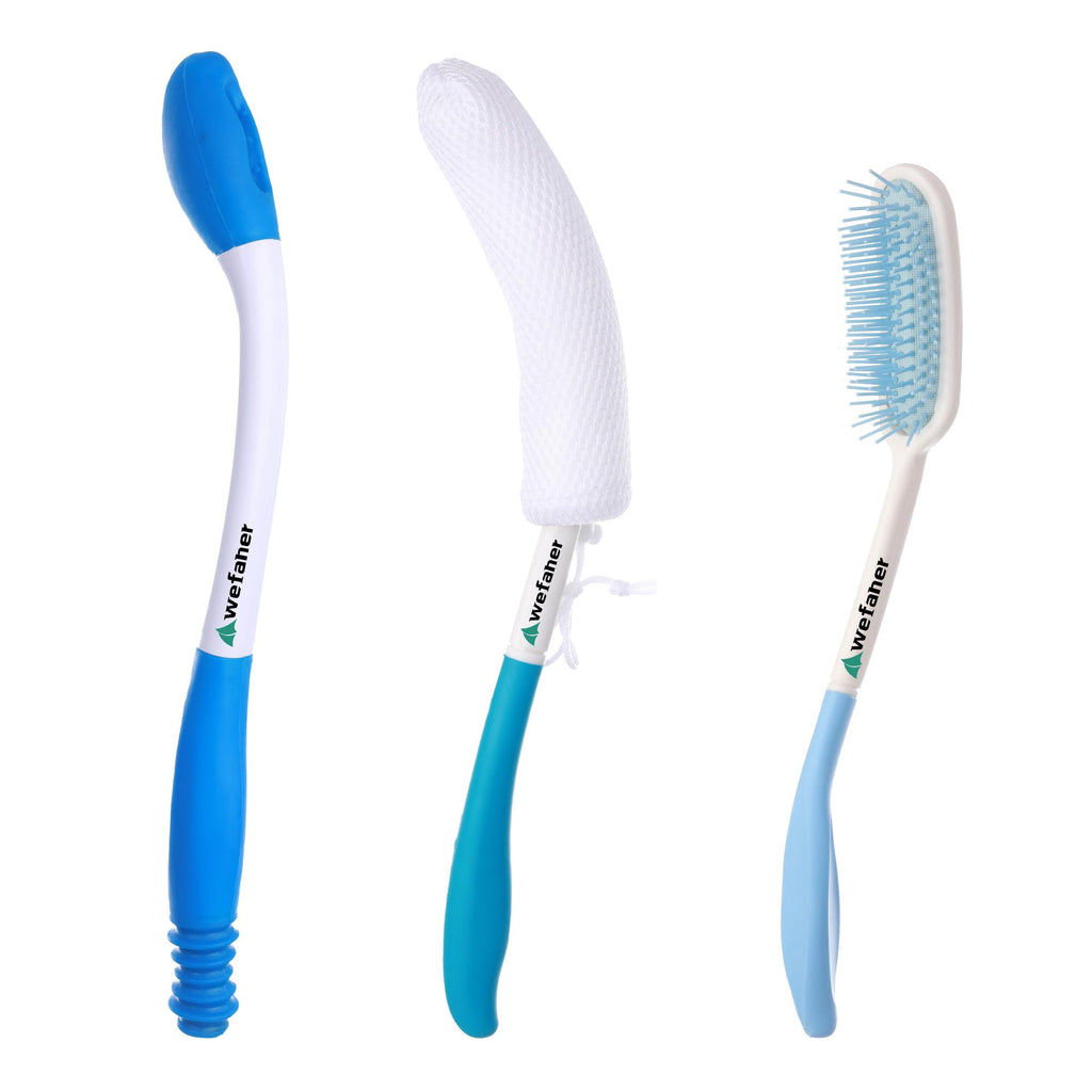 Wefaner Toilet Aids Set for Wiping - Long Handle Butt Wiper, Anti-Slip Curved Handle Bath Body Brush and Curve Hair Brush for People Overweight, Elderly and Disabled People（3PCS Personal Hygiene Kit)