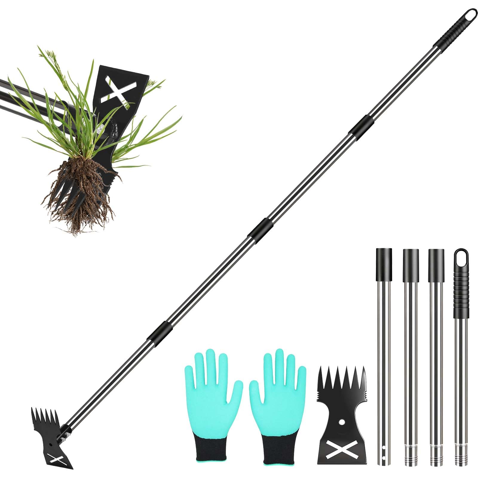Weed Puller Tool with Long Handle-Vertical Adjustable Weeder, 2-in-1 Garden Hoe and Weeding Rake Combination, Weeding Tool for Garden, Lawn, Farm and Courtyard
