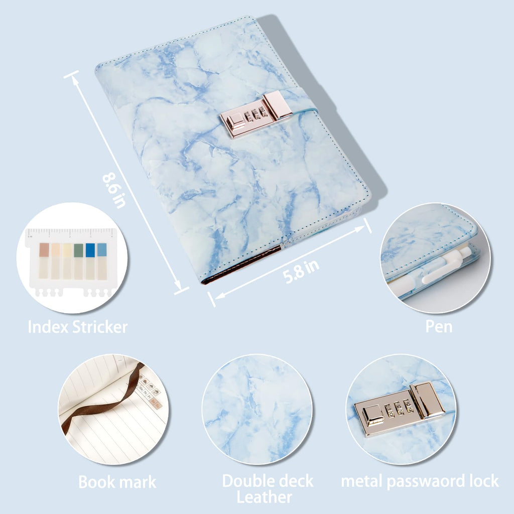 Kutoda Marble Diary with Lock, 192 Pages College Ruled Secret Journal with Lock, Waterproof A5 locked journal for women, Cute Diary Stuff for Teen Girls (Blue)