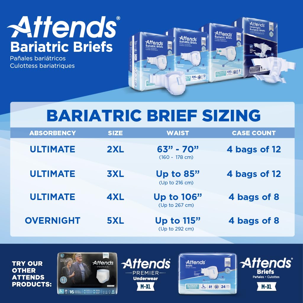Attends Bariatric Incontinence Disposable Briefs, XX-Large, 63"-70" Waist with Tab Closures, Ultimate Absorbency and Leakage Protection, 48ct Case
