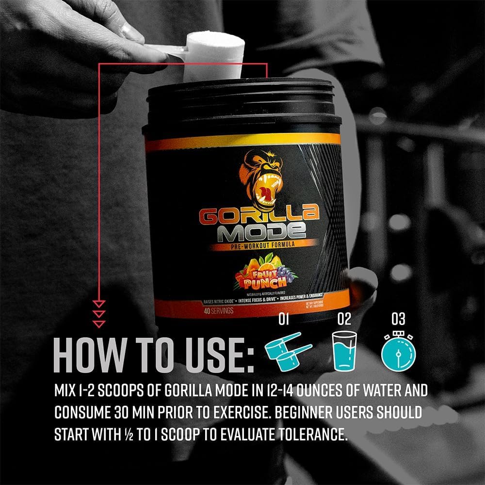 Gorilla Mode Pre Workout - Massive Pumps Laser Focus Energy Power - L-Citrulline, Creatine, L-Tyrosine, Betaine, Hydroprime, Alpha-GPC, 400mg Caffeine, Huperzine A - 792g (Blue Raspberry)