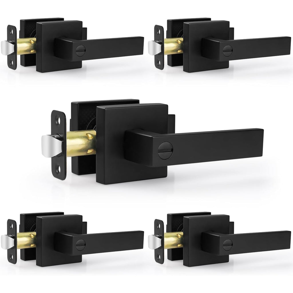Estmoon 5 Pack Matte Black Door Handles Interior Door Knobs, Keyless Privacy Bedroom Door Lock, Heavy Duty Zinc Alloy Home Improvement Door Leverset for Bedrooms Bathrooms