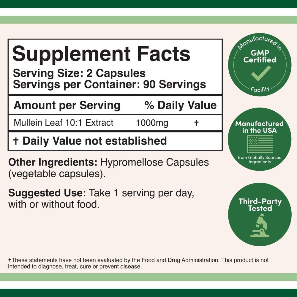 Double Wood Supplements Mullein Leaf Capsules 10,000 mg Strength, 180 Vegan Capsules with No Fillers, Supports Lung & Respiratory Health