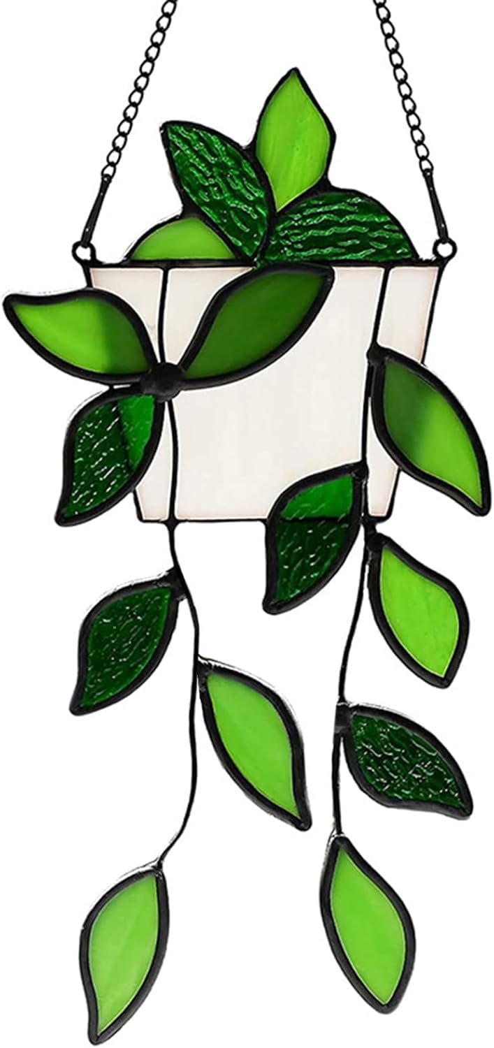 Handcrafted Real Stained Glass Window Hanging Green Plant Window Suncatcher