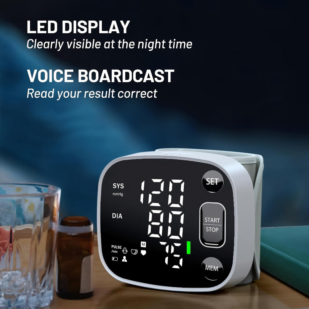 Oklar Blood Pressure Monitors for Home Use Rechargeable Wrist Digital BP Machine Cuff with LED Backlit Display, Voice Broadcast, 240 Memory Storage for 2 Users with Carrying Case