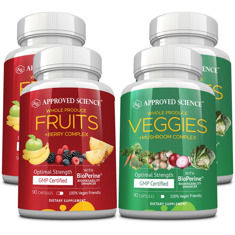 Approved Science Fruits & Veggies - 42 Whole Fruit and Veggie Supplement - Enhanced Health & Vitality - Daily Natural Vitamins, Minerals, Antioxidants - 180 Capsules Each - 2-Month Supply