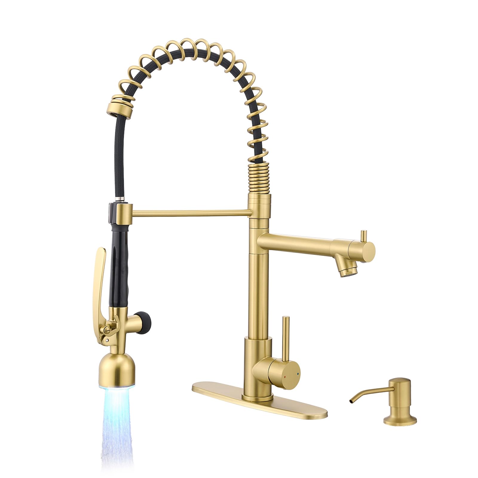 Fapully Commercial Kitchen Faucets with Pull Down Sprayer Brushed Gold LED Single Handle Faucet for Kitchen Sink, Kitchen Faucet with Soap Dispenser and Deck Plack for 4 Hole