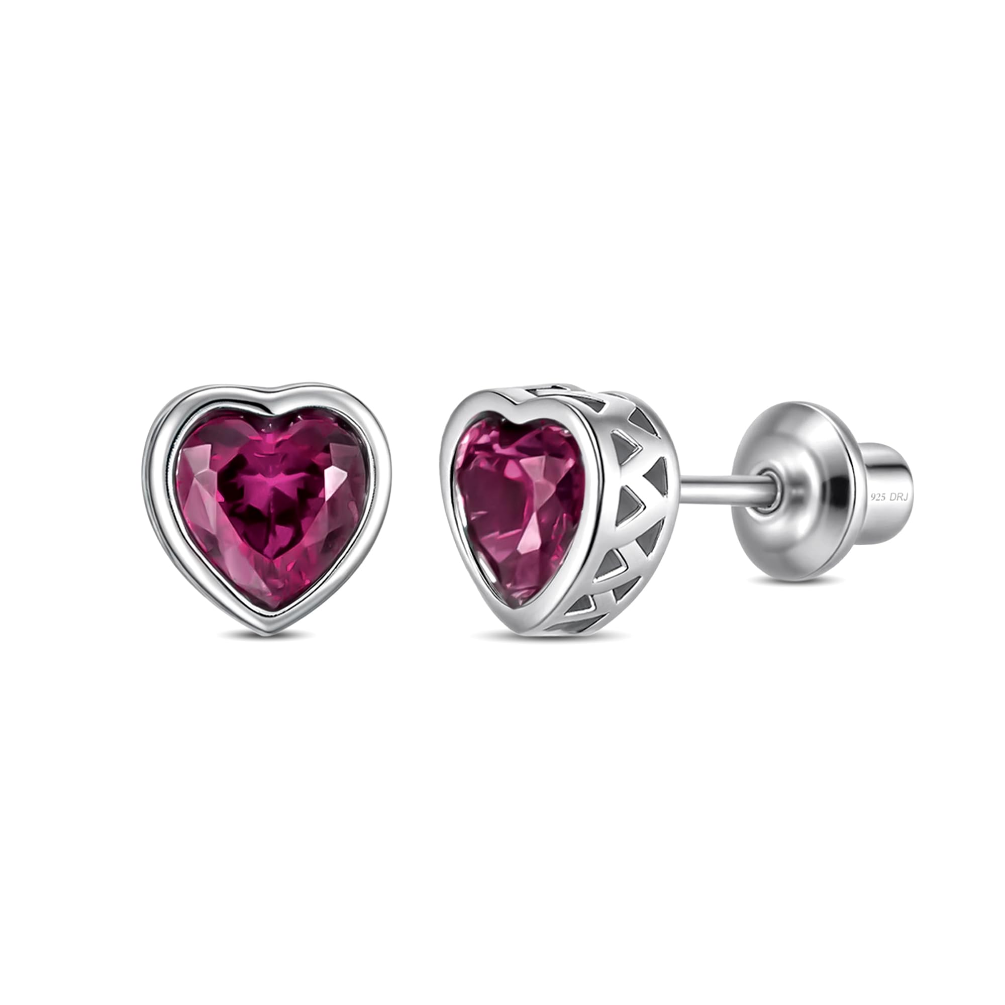 Heart Birthstone Screw Back Earrings, 925 Sterling Silver Hypoallergenic (June)