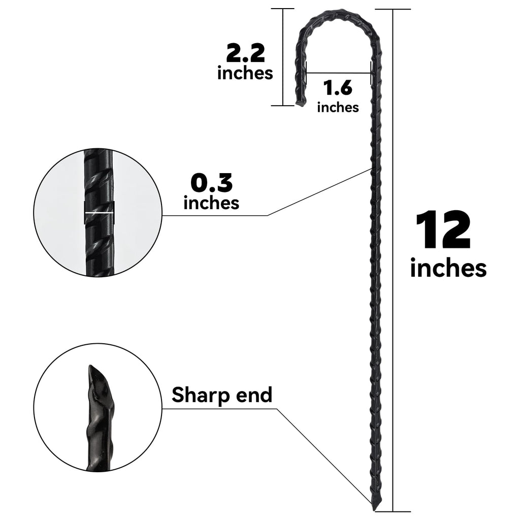 EISENSP 12 Inch J-Hook Rebar Stakes, HeavyDuty Anti-Rust Ground Anchors for Chainlink Fence, Garden Dog Fence, Sports nets, Camping Tent, Etc (20 Pack)