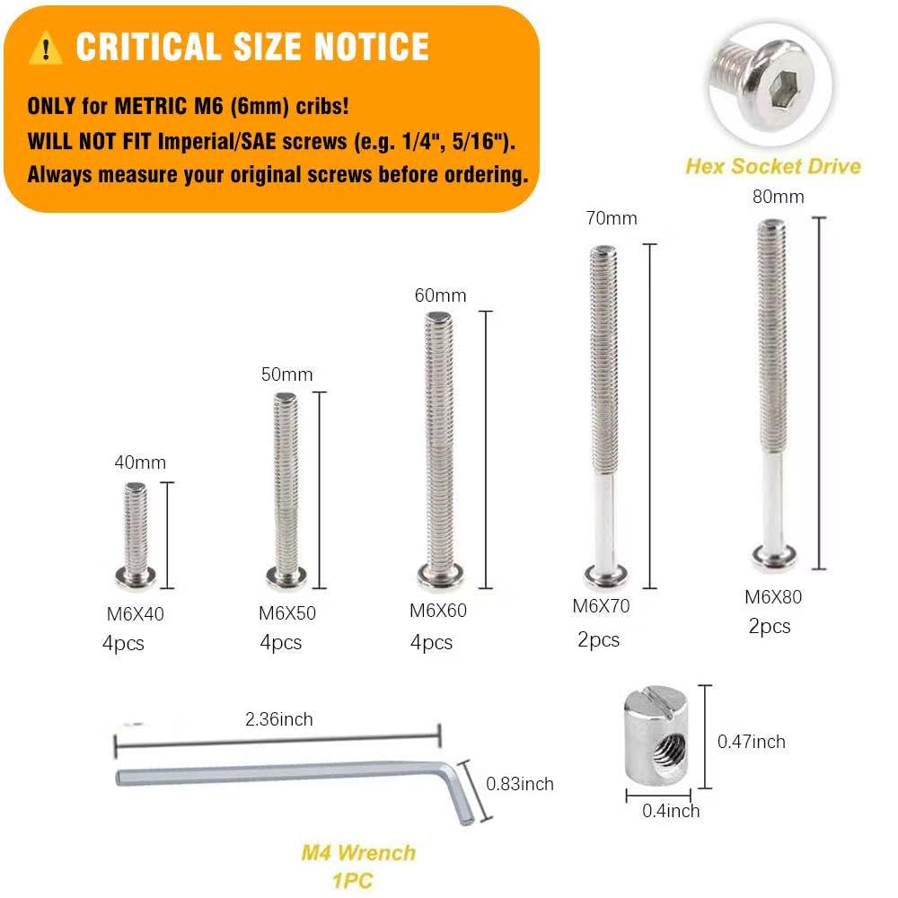 Crib Screws Hardware Replacement Kit - 16 Set M6 Hex Drive Socket Cap Barrel Nuts Assortment Kit for Baby Bed Cribs Furniture, M6x40/50/60/70/80mm